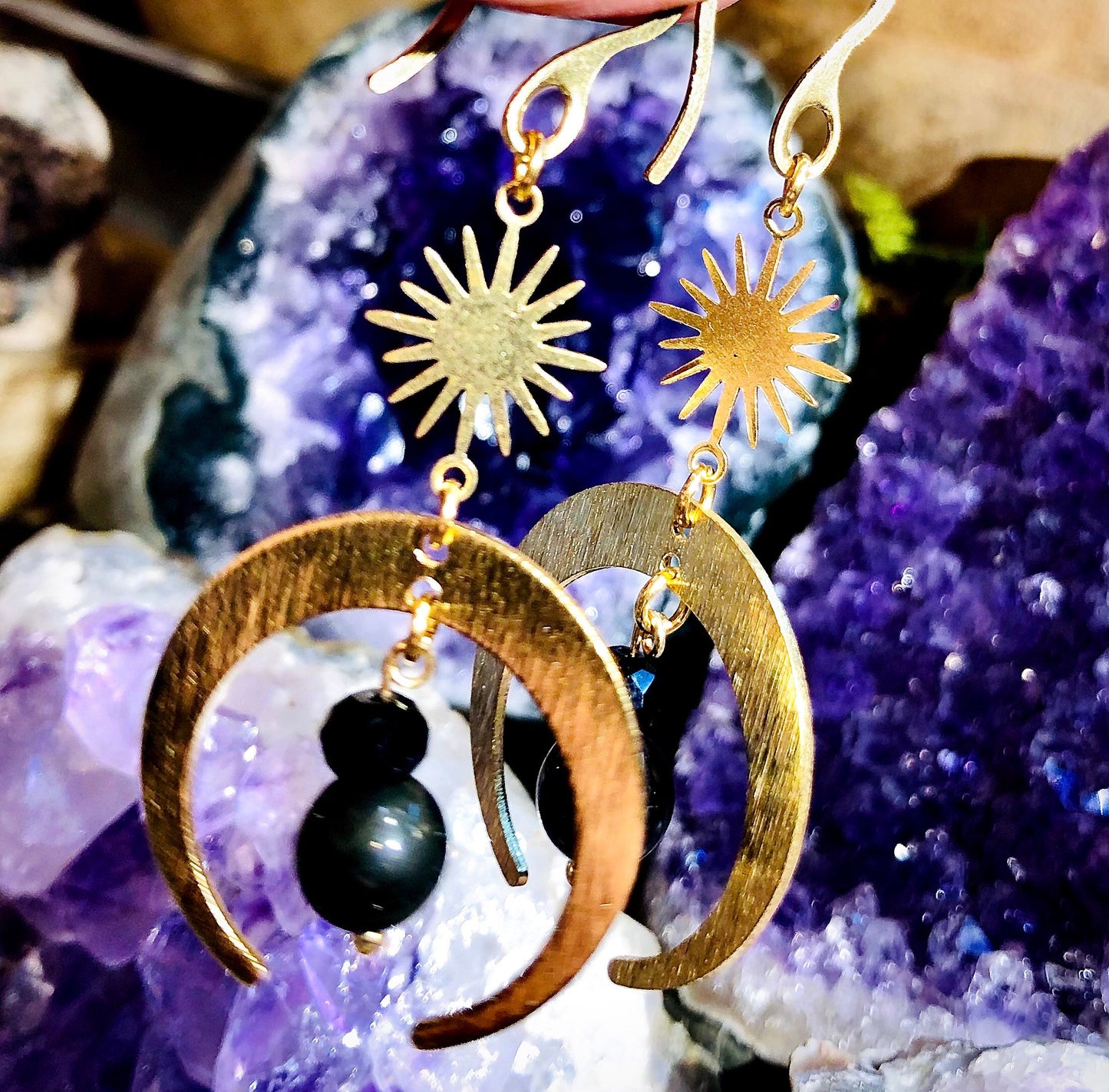 Sun, moon and celestial obsidian earring