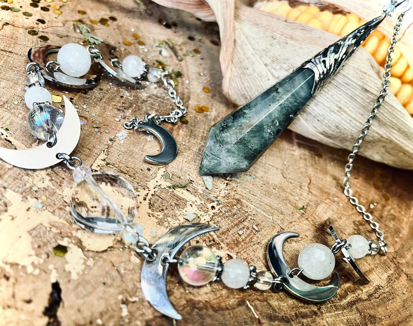 Rainbow labradorite moon phase pendulum