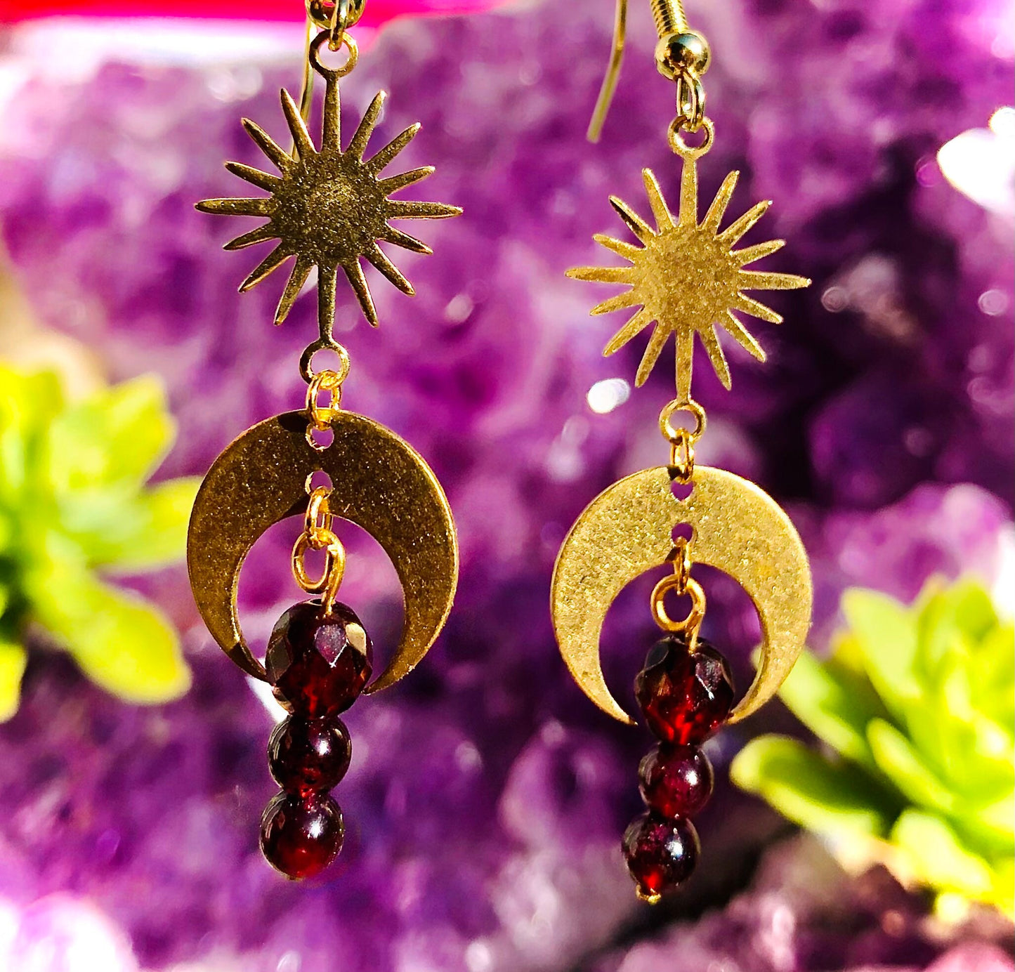 Small crescent moon sun earring, stainless steel, brass and red garnets