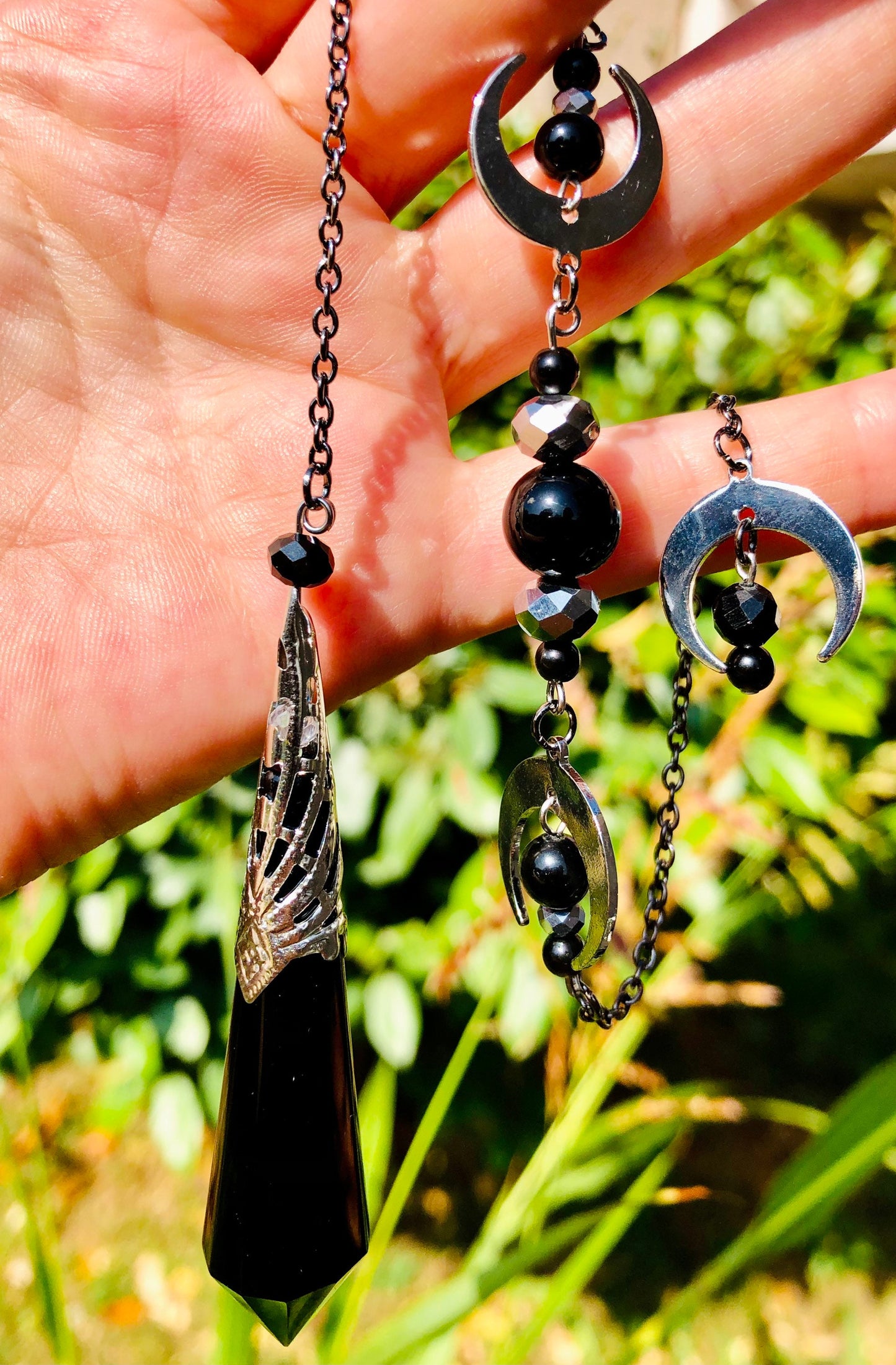 Obsidian, onyx and celestial obsidian moon phase pendulum