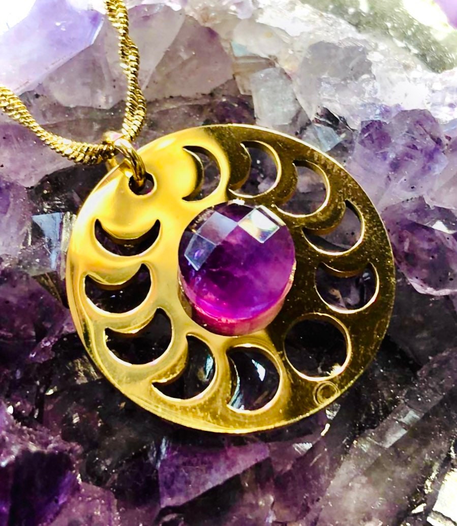 Amethyst gold-plated stainless steel moonphase pendant