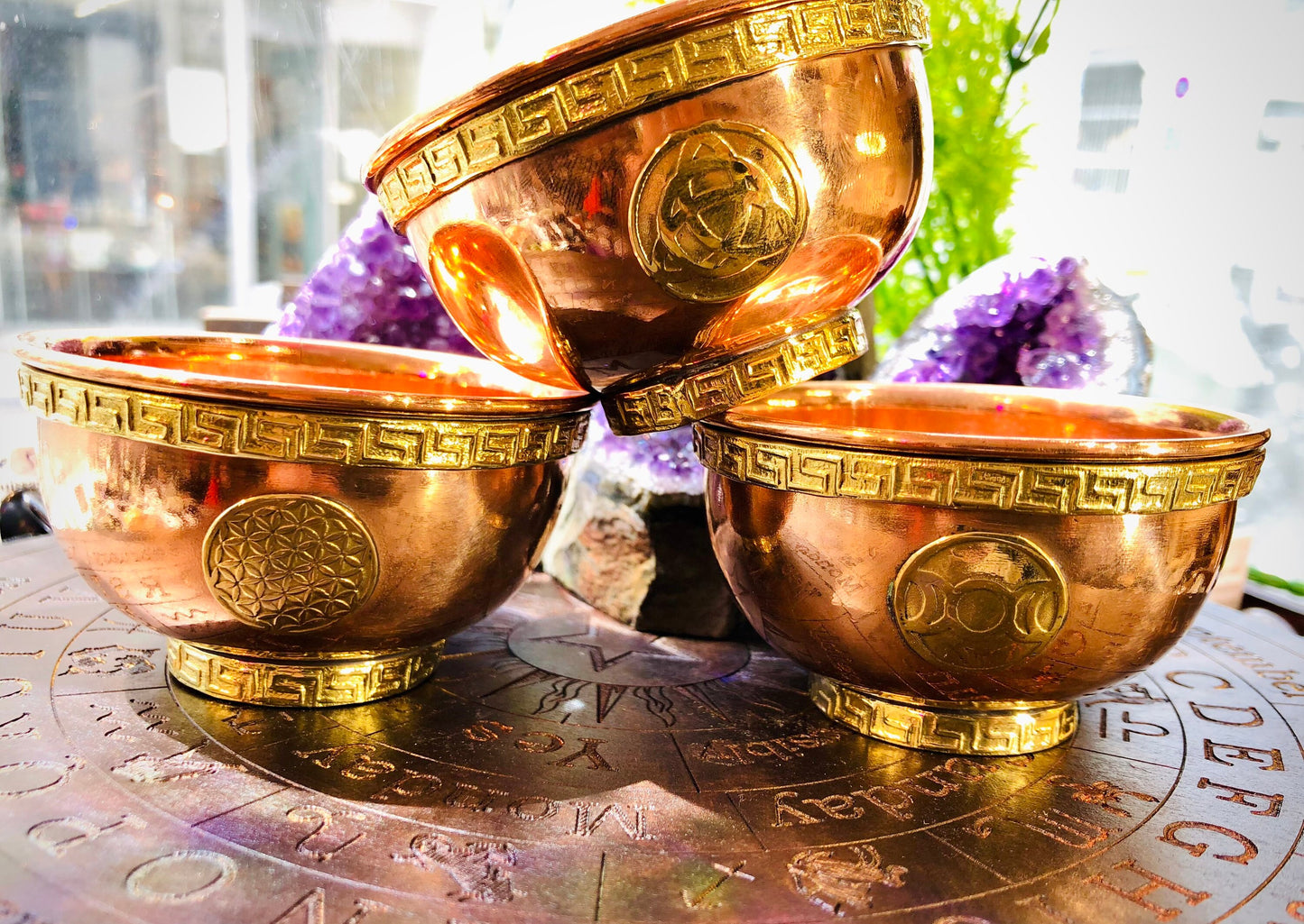 Copper cauldron triquetra flower of life triple moon