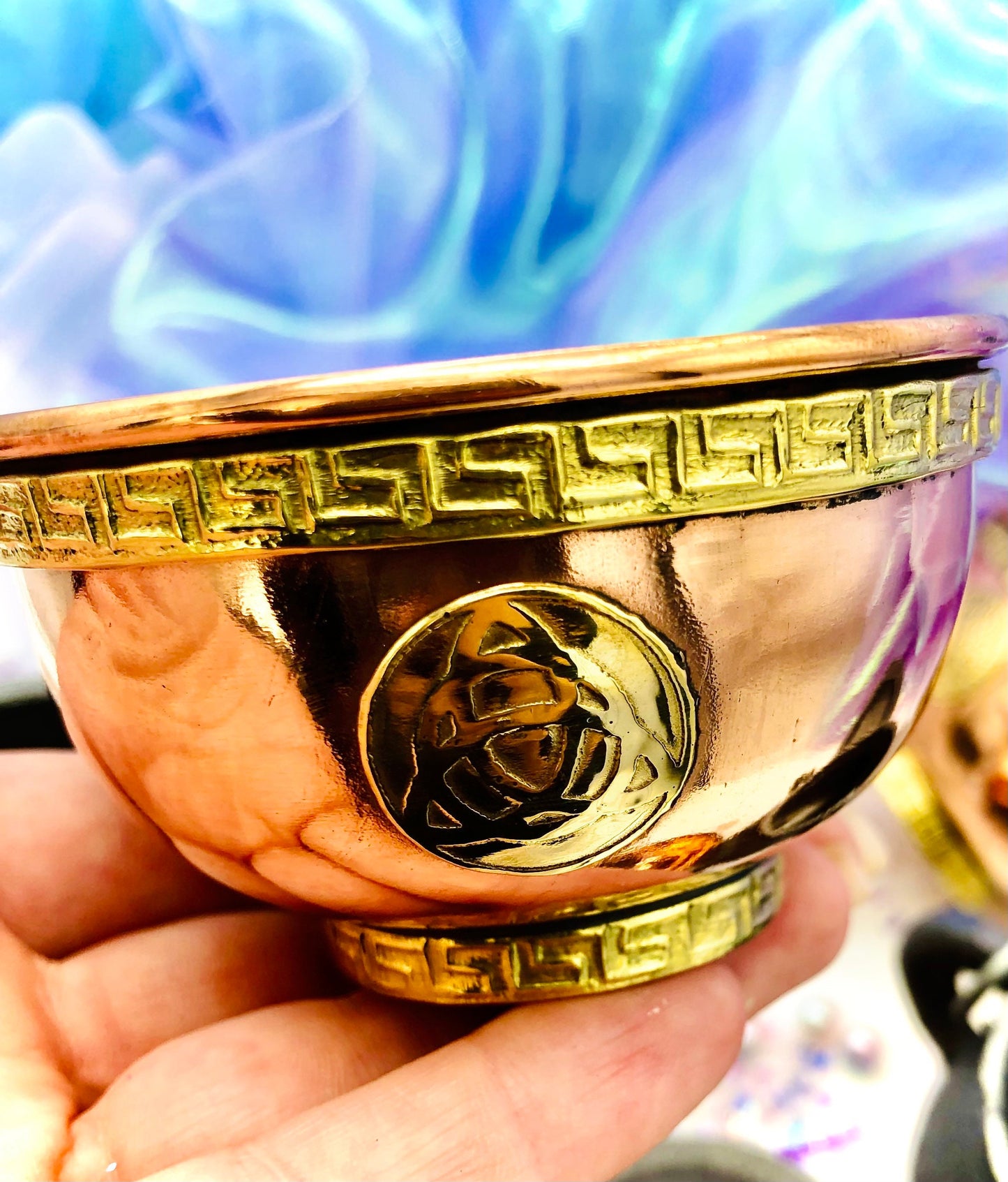 Copper cauldron triquetra flower of life triple moon