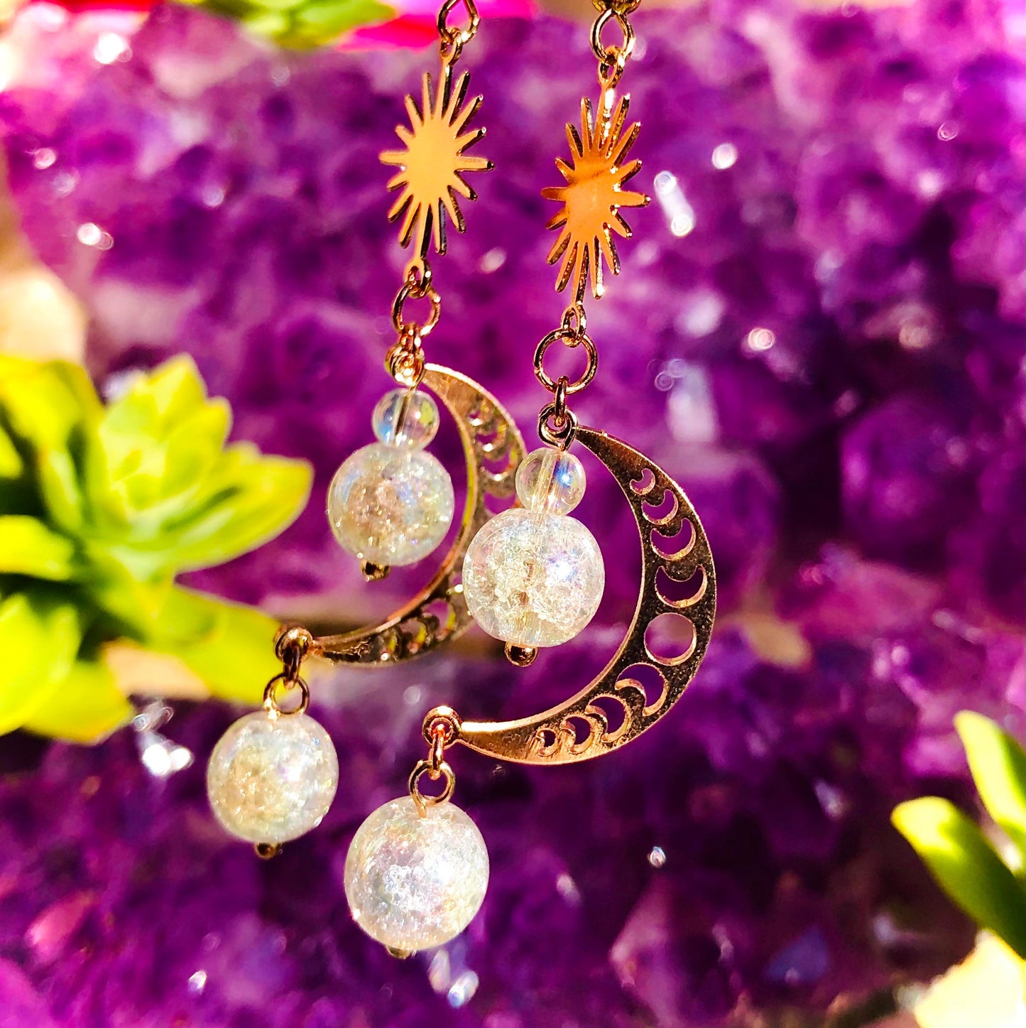 Crescent sun and moon phases crystal aura angel earring