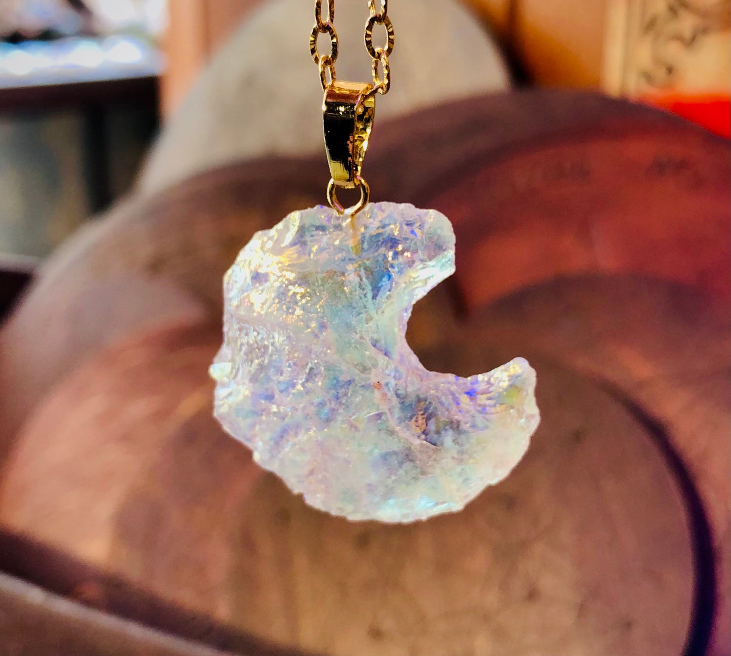 Angel Aura Crystal Crescent Moon Pendant