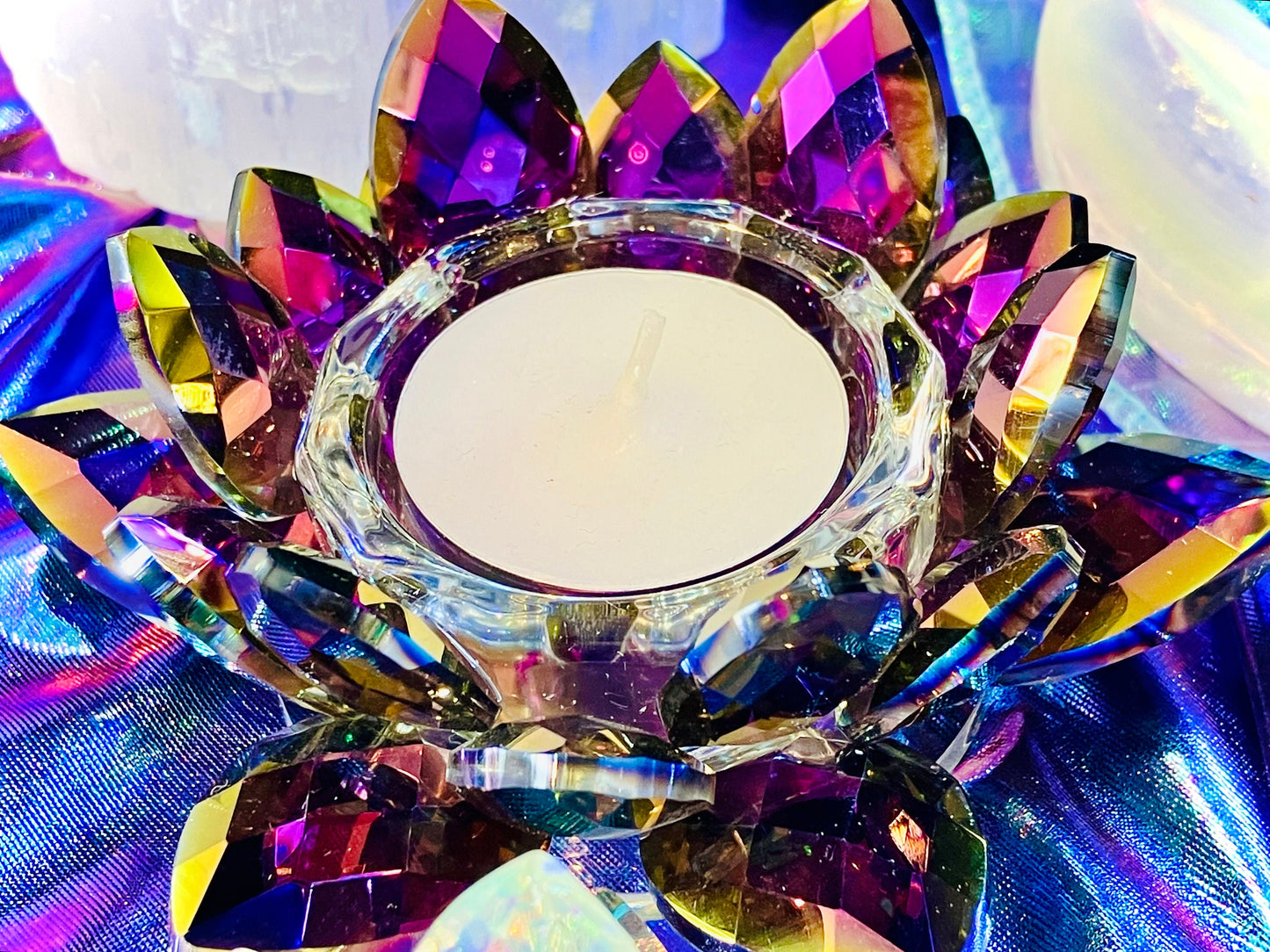 Rainbow Purple Glass Crystal Lotus Flower Candle Holder