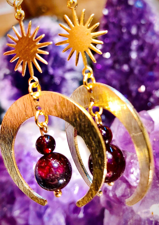 Sun, moon and garnet earrings