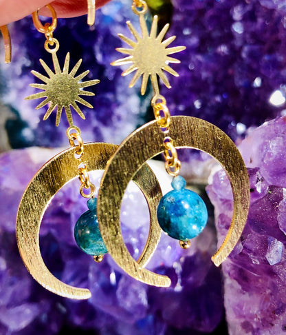 Sun moon and blue apatite earring