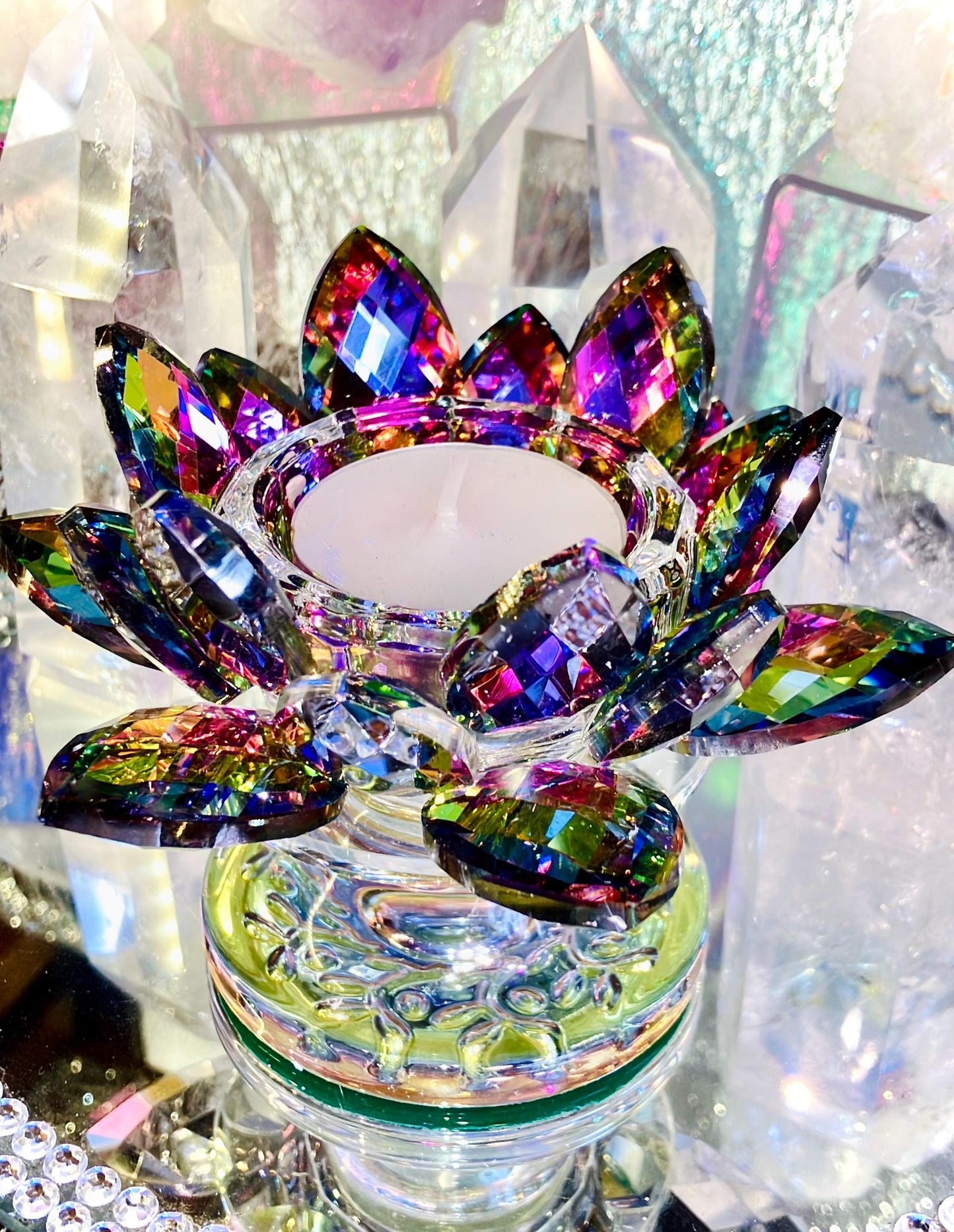 Bougeoir fleur de lotus cristal de verre argente