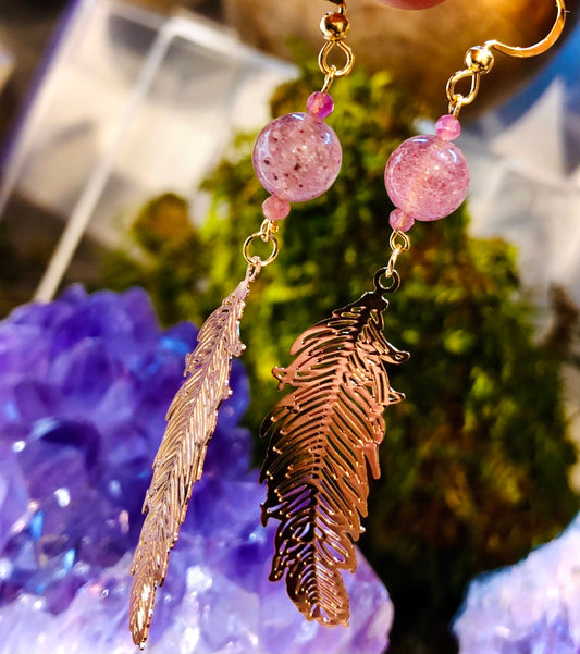 Rose gold filigree and strawberry quartz feather earrings