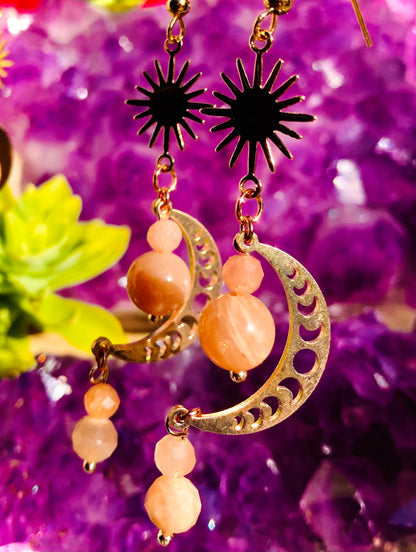Boucle d oreille soleil croissant et phases de Lune pierre de soleil