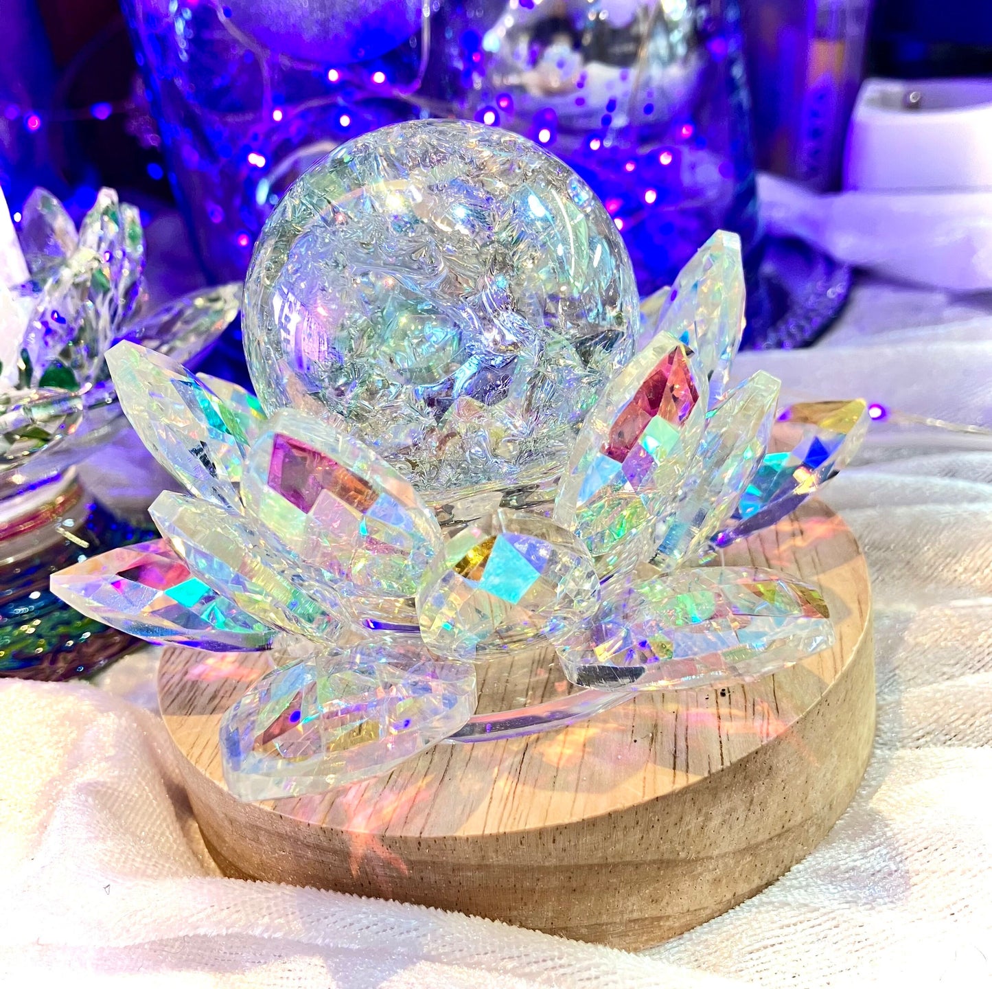 Lampe usb lotus arc en ciel cristal aura sphère craquelée