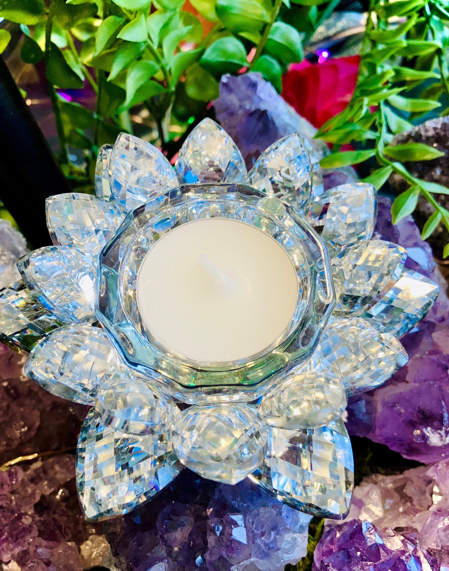 Bougeoir fleur de lotus cristal de verre argente