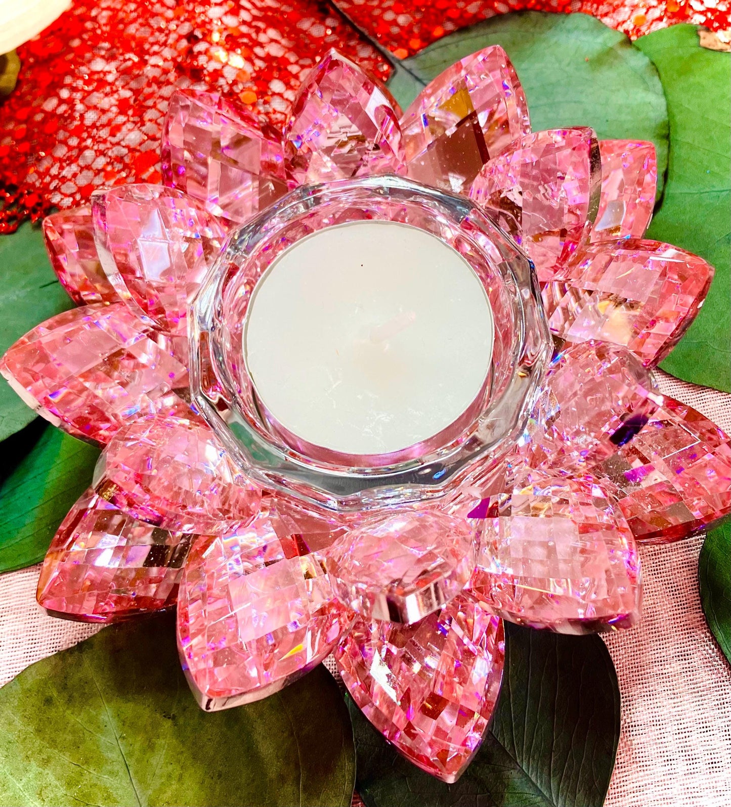 Pink glass crystal lotus flower candle holder