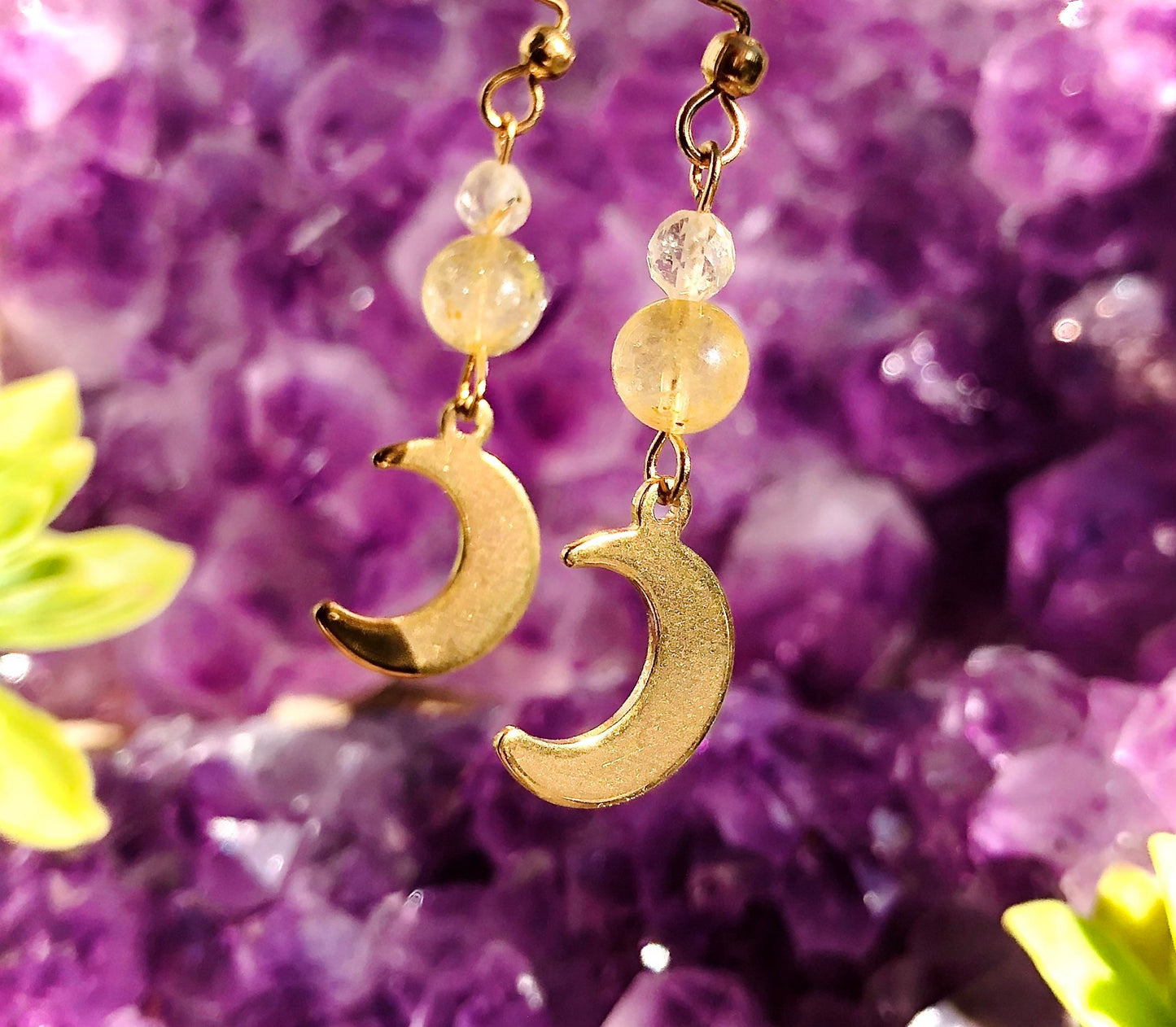 Small crescent moon earring with golden rutile quartz