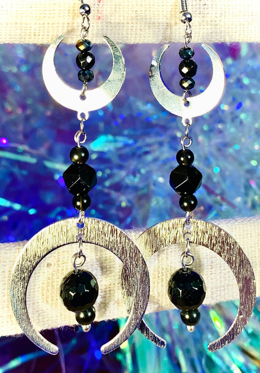 Brushed metal moon phase earring with onyx and black spinel