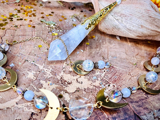 Pendule cristal, pierre de lune et quartz aura ange