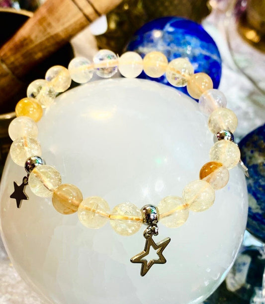 Joy of life bracelet with hematoid quartz, rutile quartz, and citrines