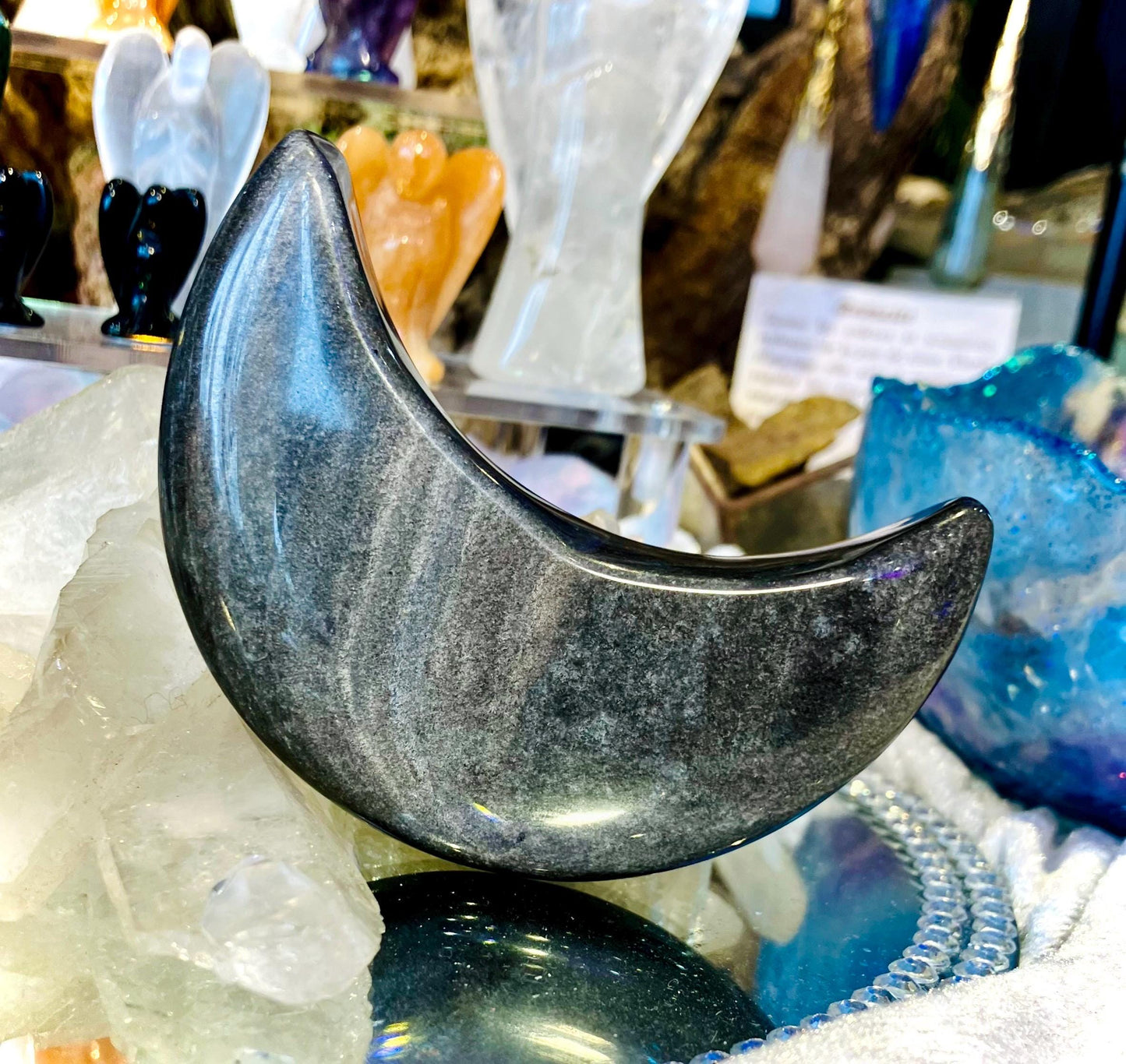 Silver Obsidian Crescent Moon