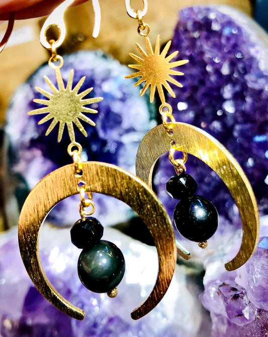 Sun, moon and celestial obsidian earring