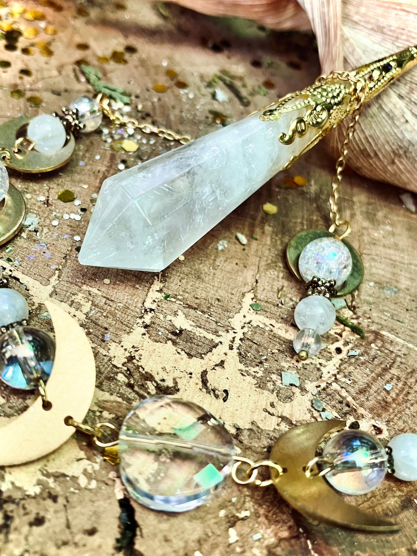 Crystal, moonstone and aura quartz angel pendulum
