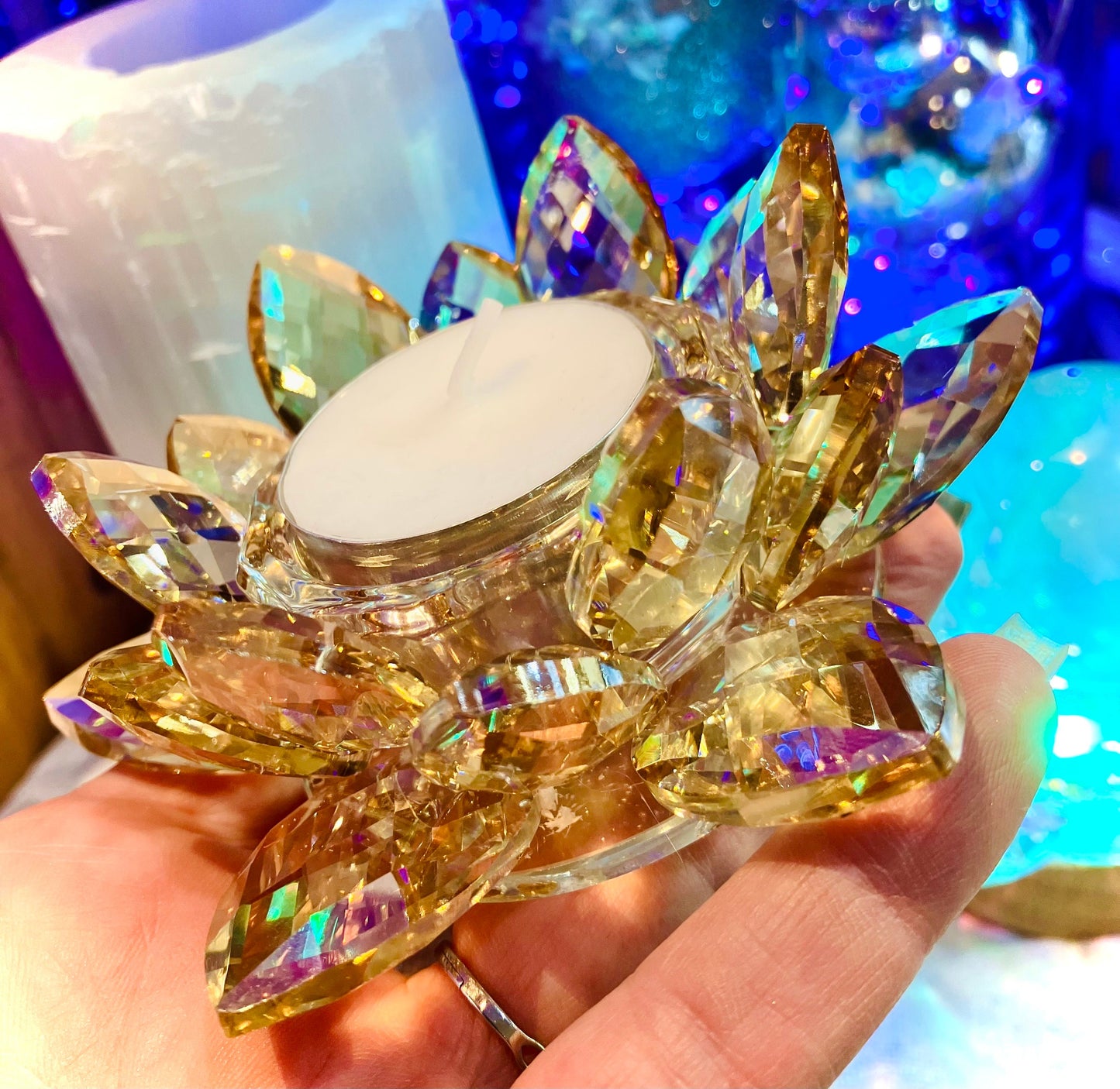 Bougeoir fleur de lotus cristal de verre ambre