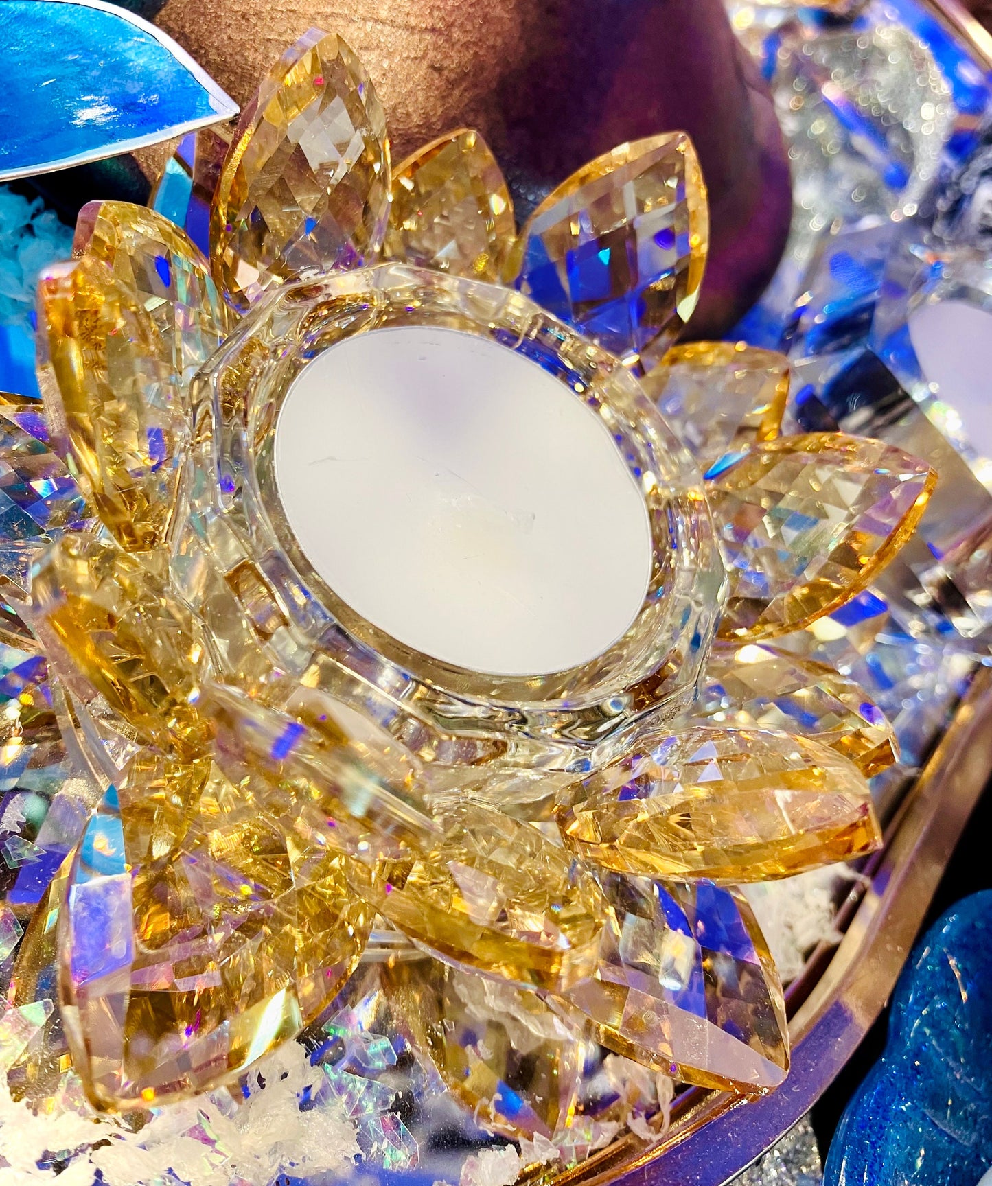 Bougeoir fleur de lotus cristal de verre ambre