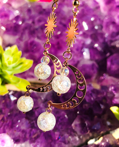 Boucle d oreille soleil croissant et phases de Lune cristal aura ange