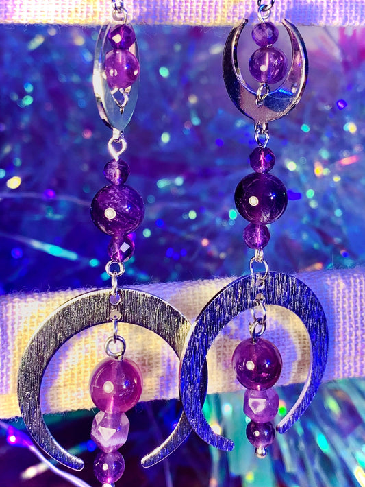 Brushed metal amethyst moon phase earring