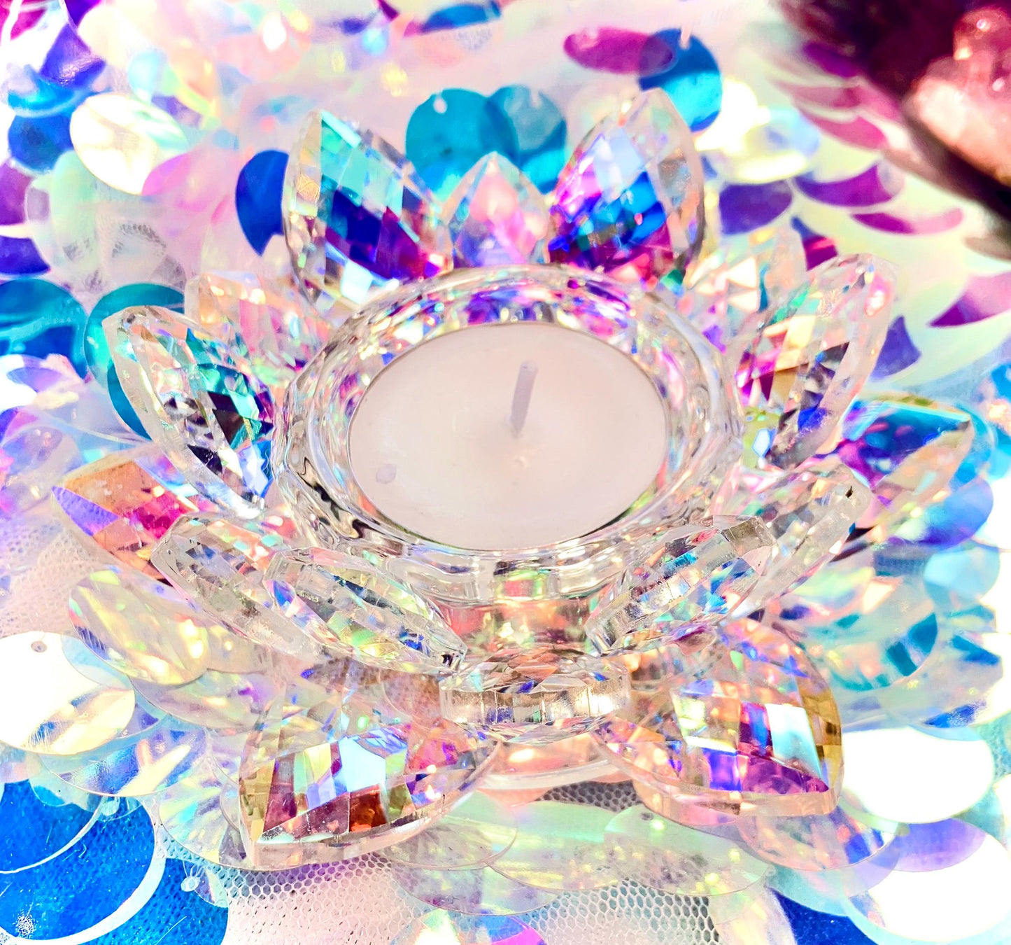 Bougeoir fleur de lotus cristal de verre arc en ciel