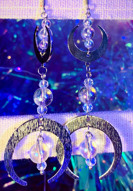 Brushed silver metal moon phase earring with aura crystal