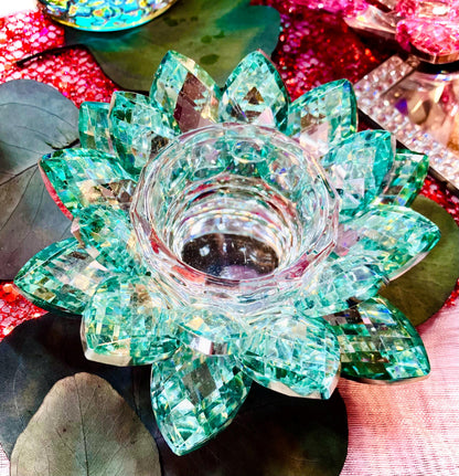 Bougeoir fleur de lotus cristal de verre vert
