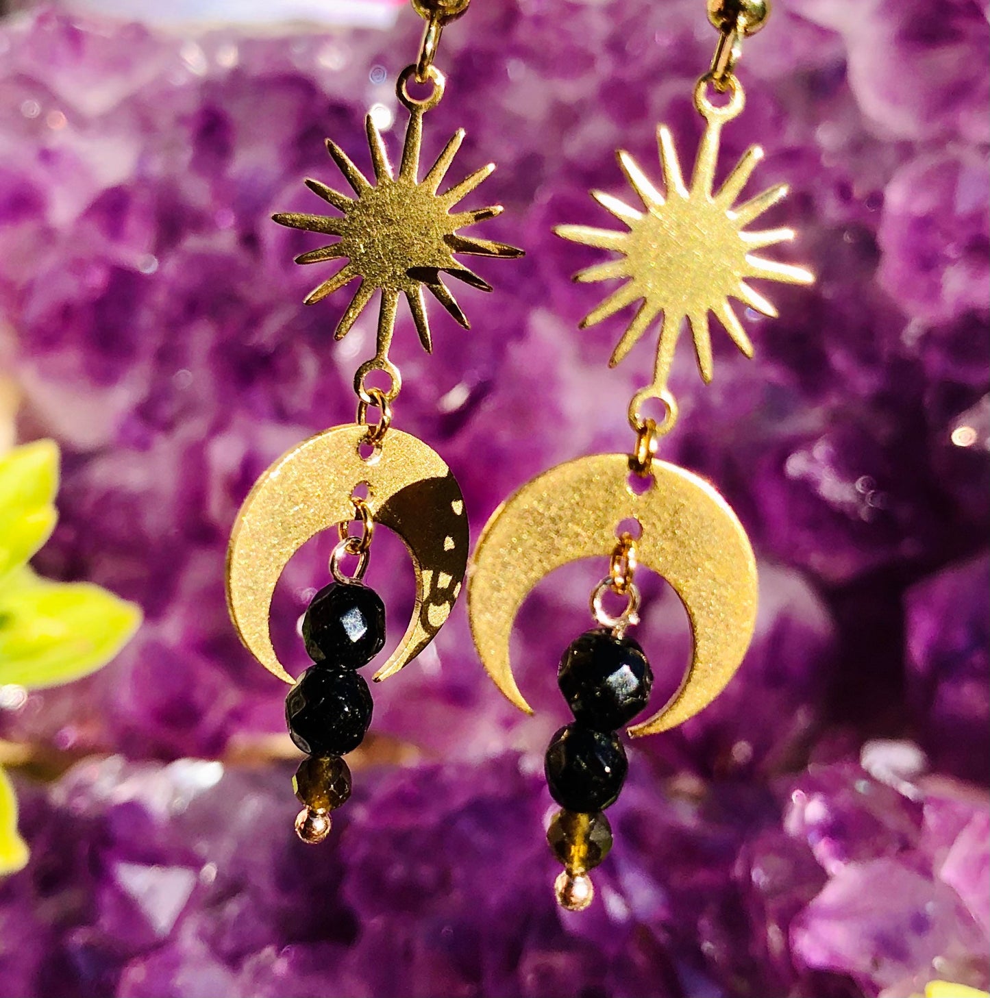 Small crescent moon sun earring stainless steel brass onyx obsidian gold
