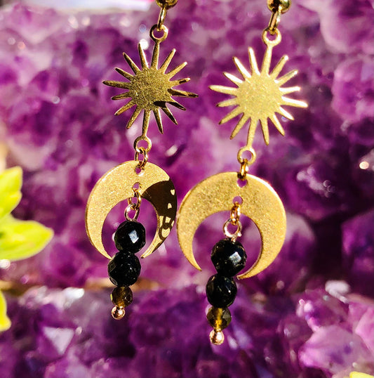 Small crescent moon sun earring stainless steel brass onyx obsidian gold