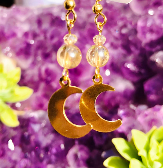Small crescent moon earring with fire aura quartz