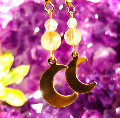 Boucle d oreille petit croissant de Lune quartz a rutiles dores