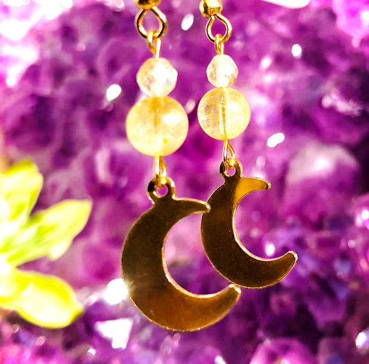Small crescent moon earring with golden rutile quartz