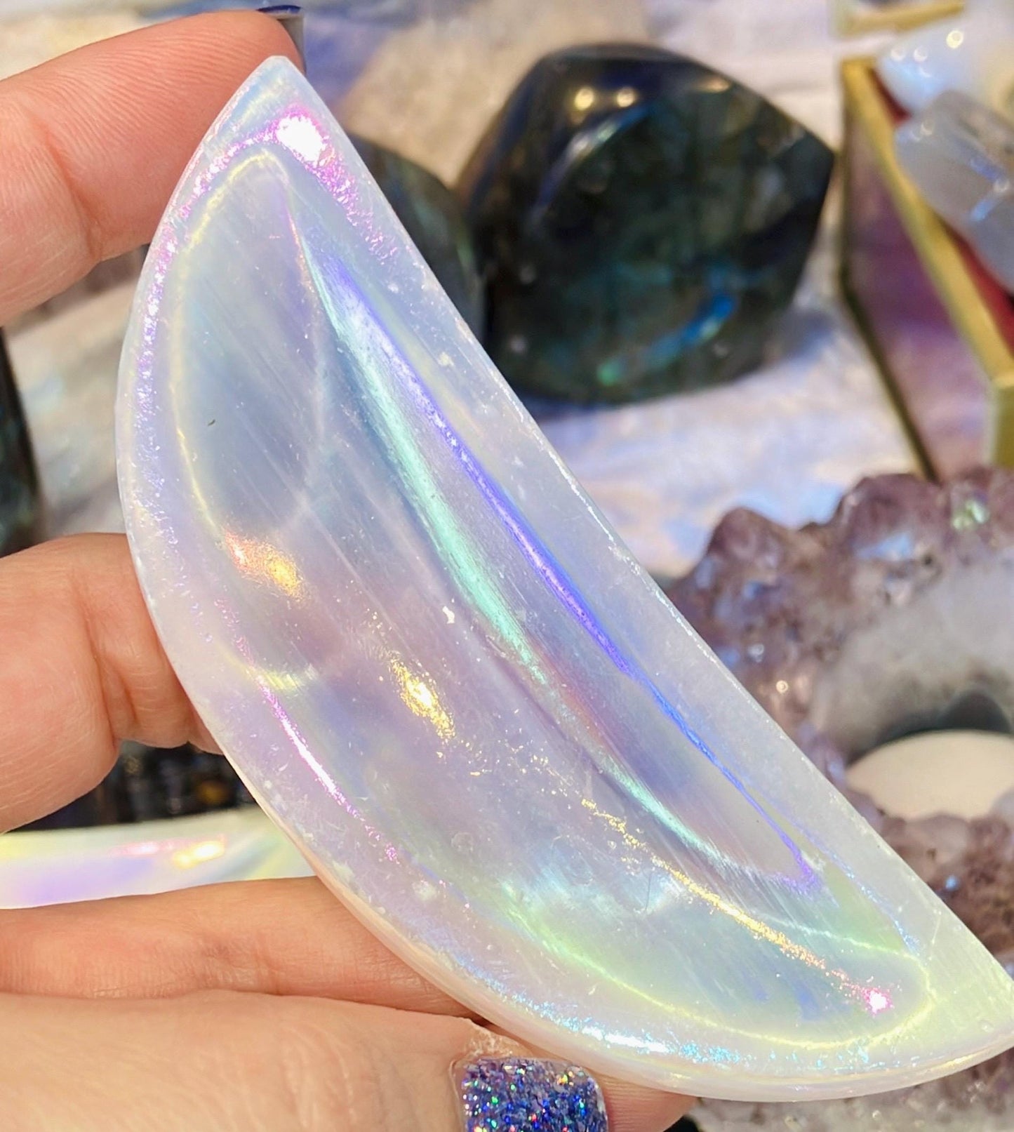 Crescent Moon in Selenite Angel Aura