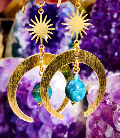 Boucle d oreille soleil lune et apatite bleue