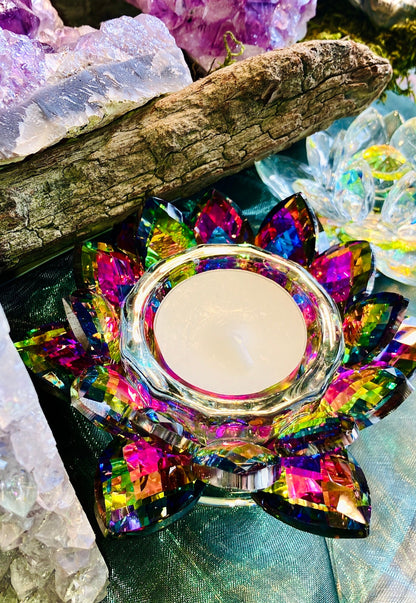 Multichrome crystal glass lotus flower candle holder