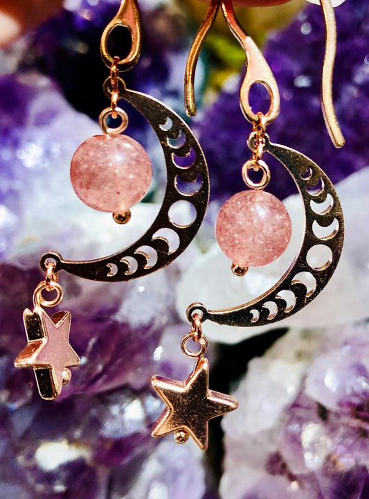 Strawberry quartz moon earring