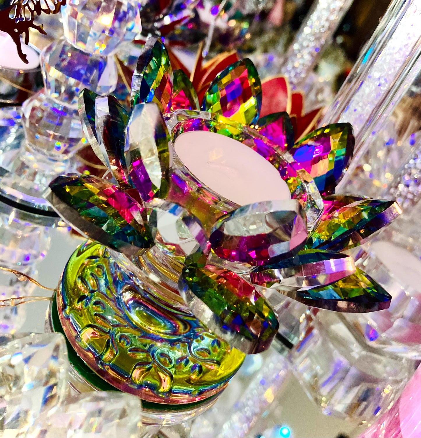 Bougeoir fleur de lotus cristal de verre argente