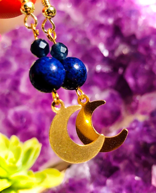Small faceted blue sapphire and lapis lazuli crescent moon earring
