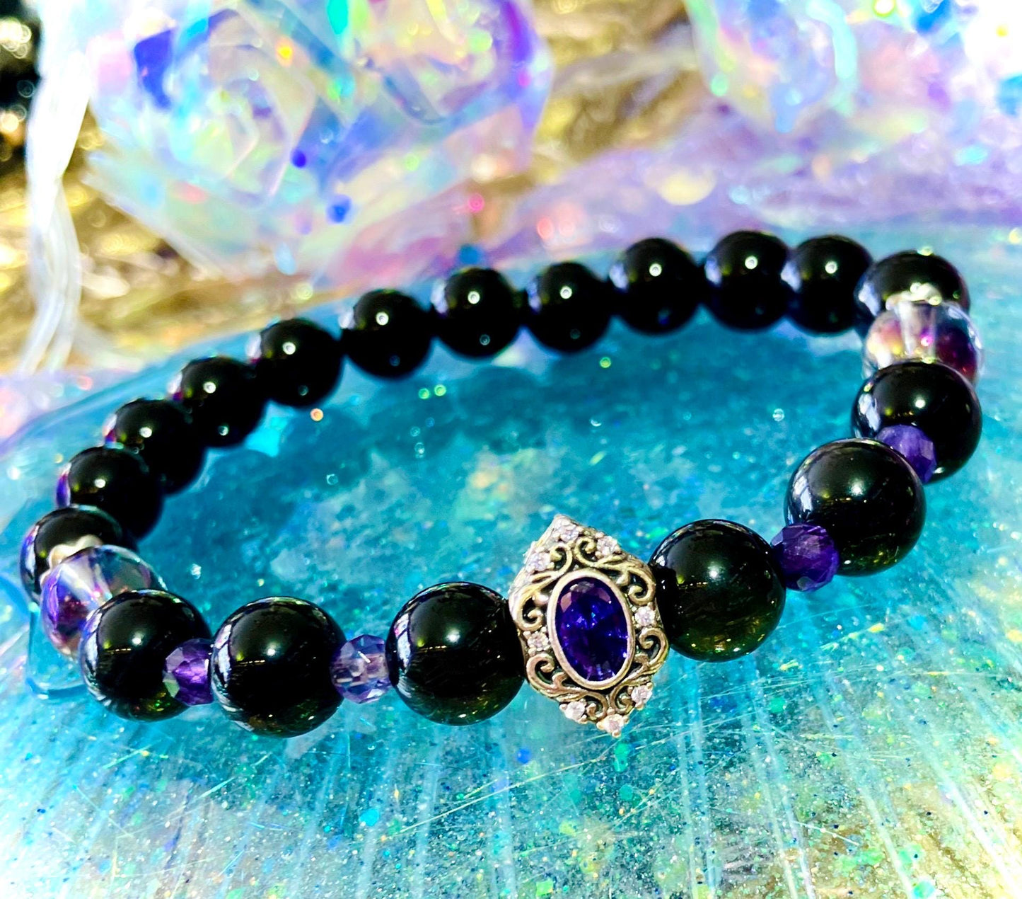 Celestial obsidian amethyst protection bracelet