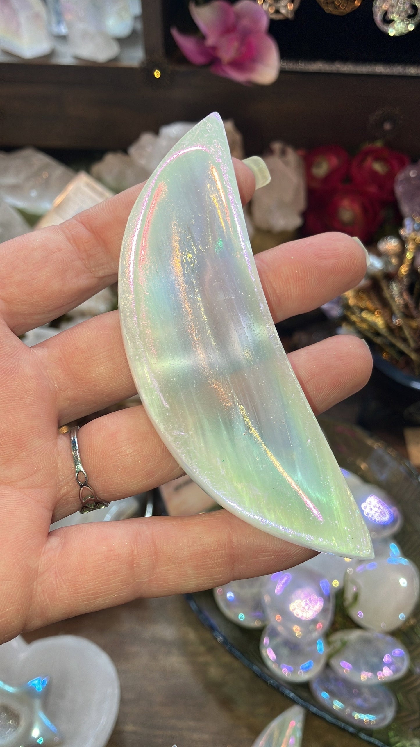 Crescent Moon in Selenite Angel Aura
