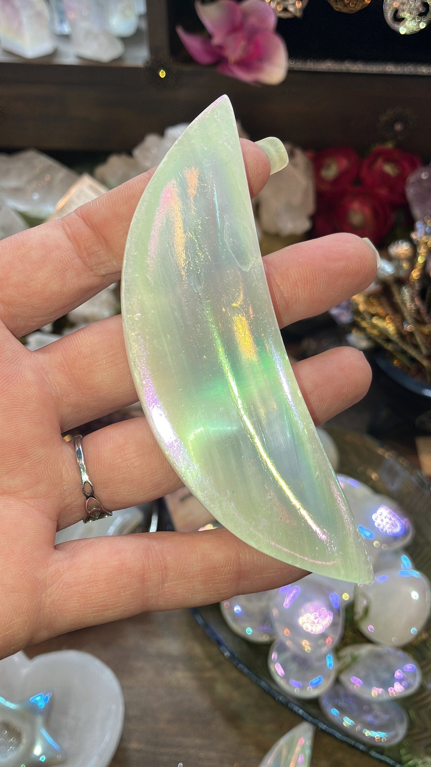 Crescent Moon in Selenite Angel Aura