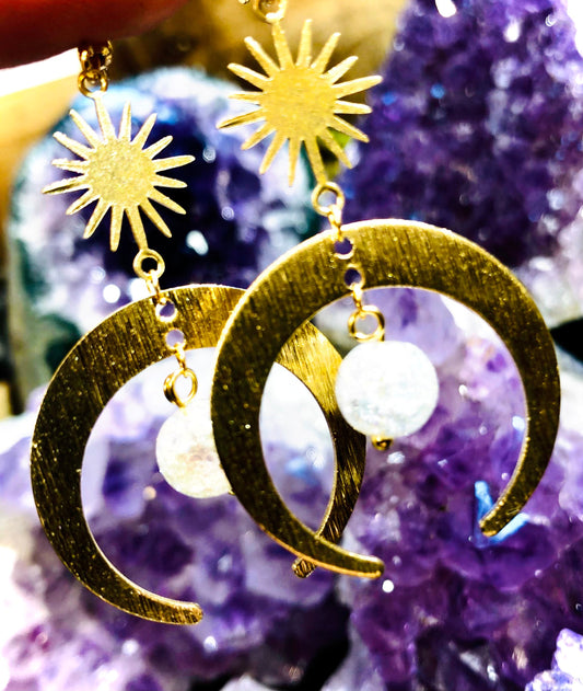 Crescent Moon and Aura Crackle Crystal Earring