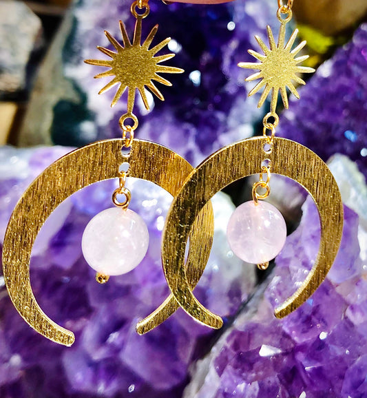 Crescent moon and rose quartz earring