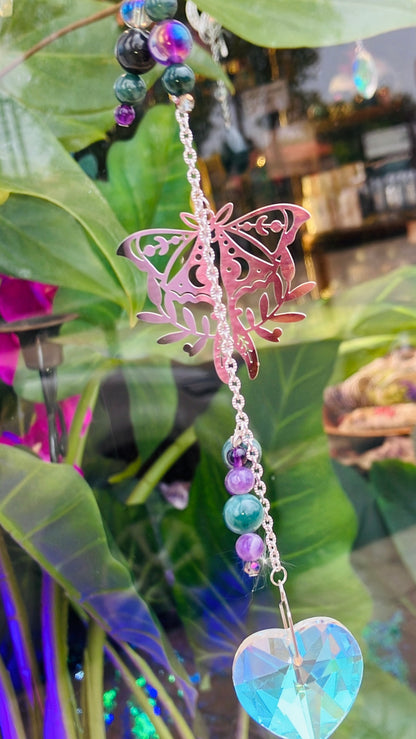 rainbow butterfly aqua aura green, moss agate and amethyst