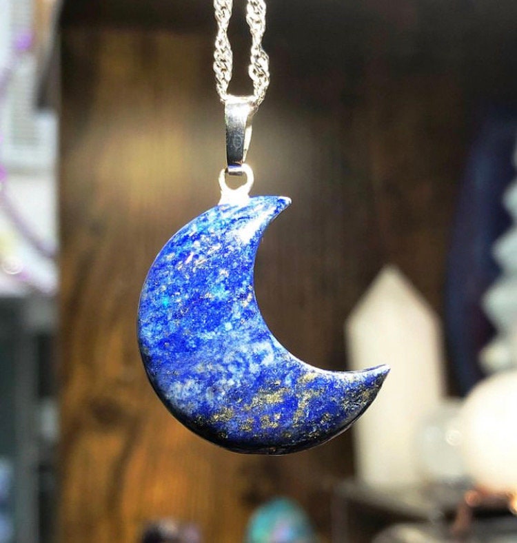 Crescent moon pendant stone lapis lazuli labradorite amethyst